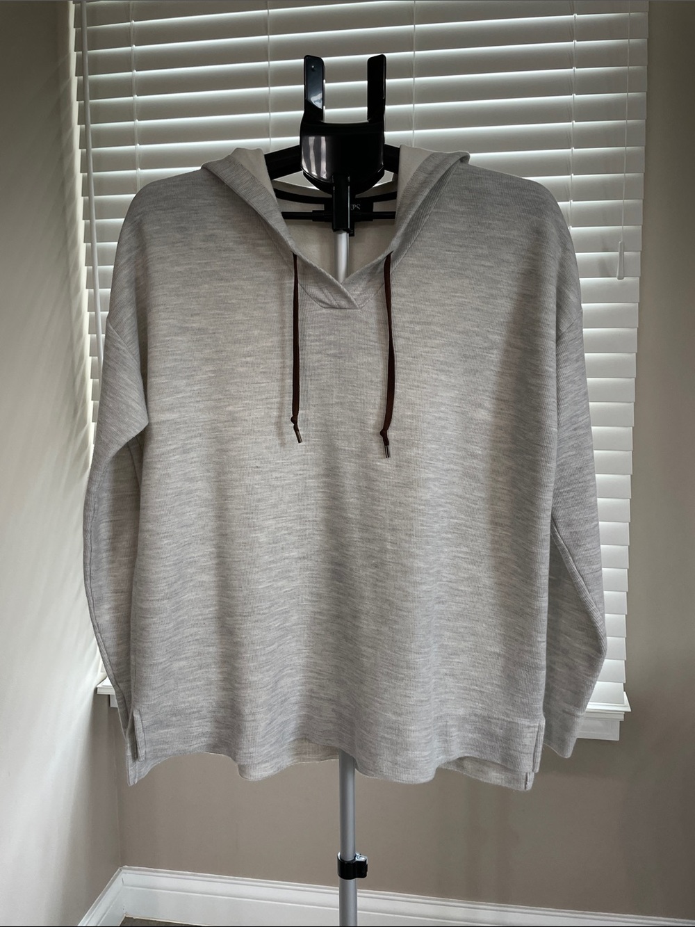 Chaps Heather Gray Crewneck Hoodie with Brown Drawstrings